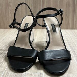 Nine West Feisty Black Faux Leather Ankle Strap Clear Block Heel Sandals
